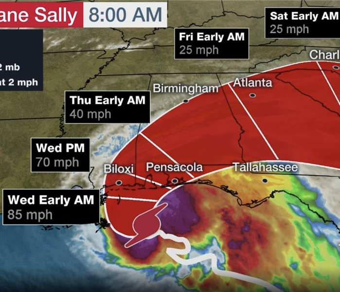 a screen shot of Hurricane Sally's path and predicted wind speeds