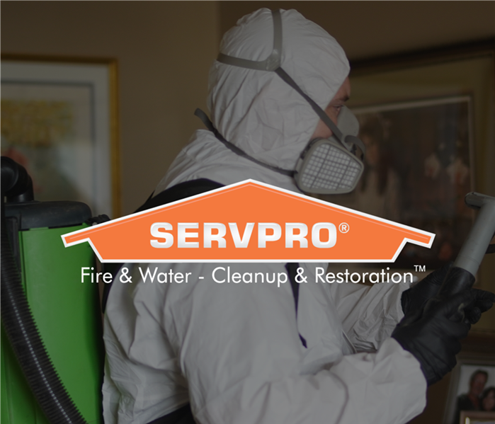 SERVPRO technician in hazmat suit with a fogger on his back, SERVPRO logo over the photo